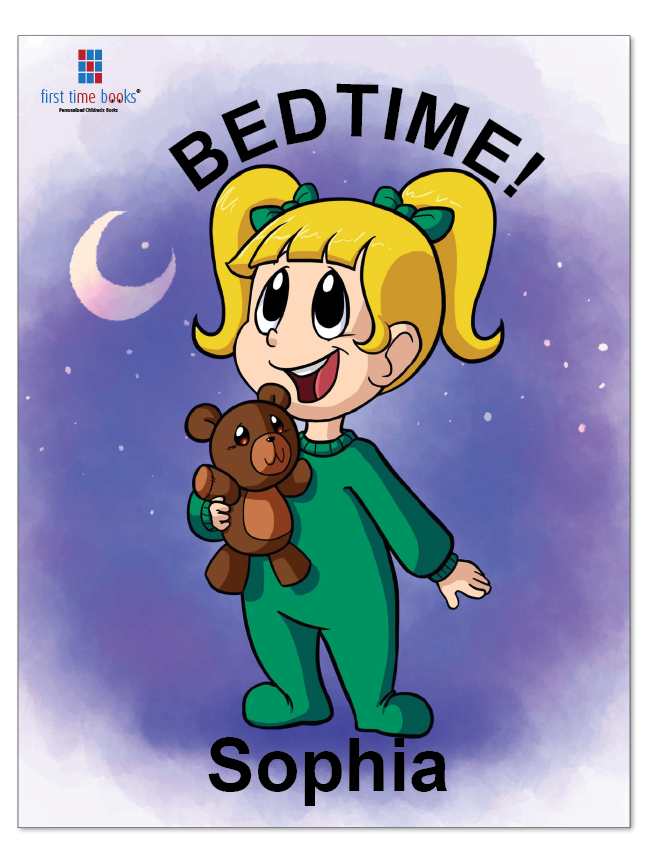 Personalized bedtime book cover featuring Sophia holding a teddy bear beneath a moon and stars.