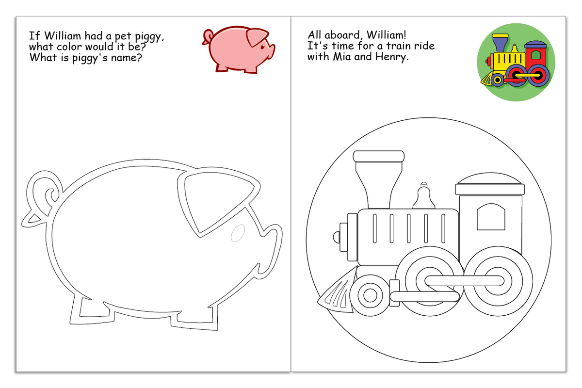 Personalized coloring pages featuring a piggy bank and a train ride with two friends