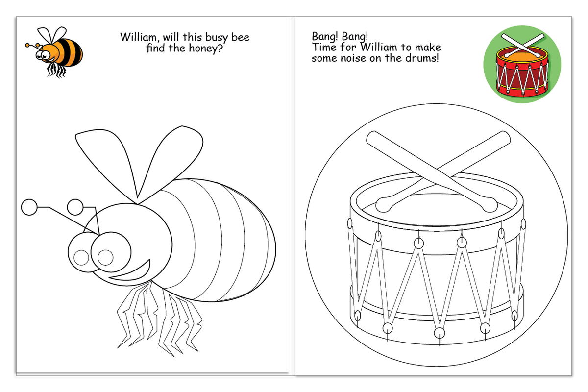 Personalized coloring pages featuring a bee and a drum