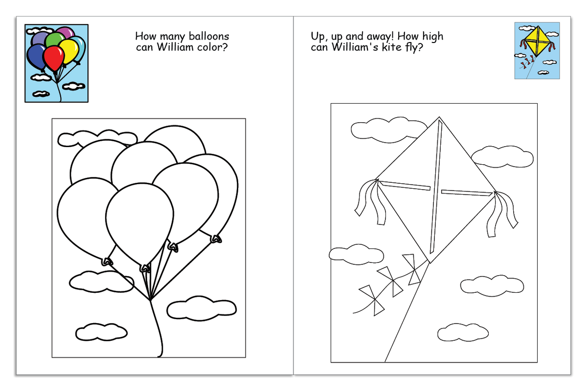 Personalized coloring pages featuring balloons to count and a kite in the sky