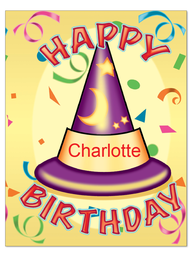 Personalized birthday book cover with a purple party hat and the name Charlotte