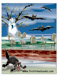 Back cover of the Personalized Halloween Adventure book with a ghost, bats, black cat, and graveyard