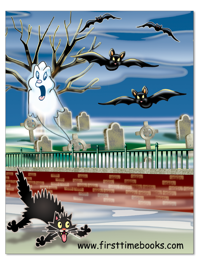 Back cover of the Personalized Halloween Adventure book with a ghost, bats, black cat, and graveyard