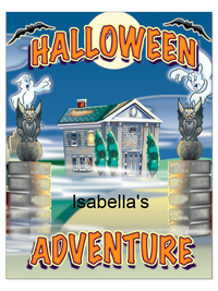 Personalized Halloween Adventure book cover with a haunted mansion, ghosts, and the child’s name