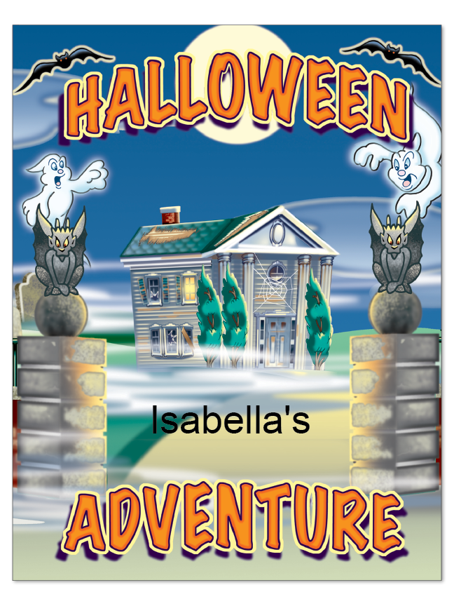 Personalized Halloween Adventure book cover with a haunted mansion, ghosts, and the child’s name