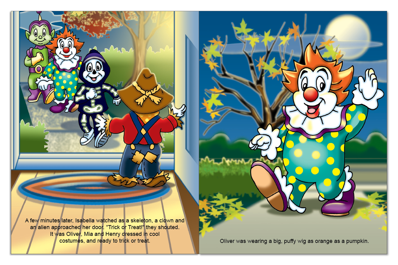 Four costumed friends arrive for trick-or-treating in a personalized Halloween story
