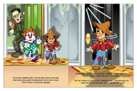 Two costumed children escape Frankenstein before one searches for friends behind a mysterious black door