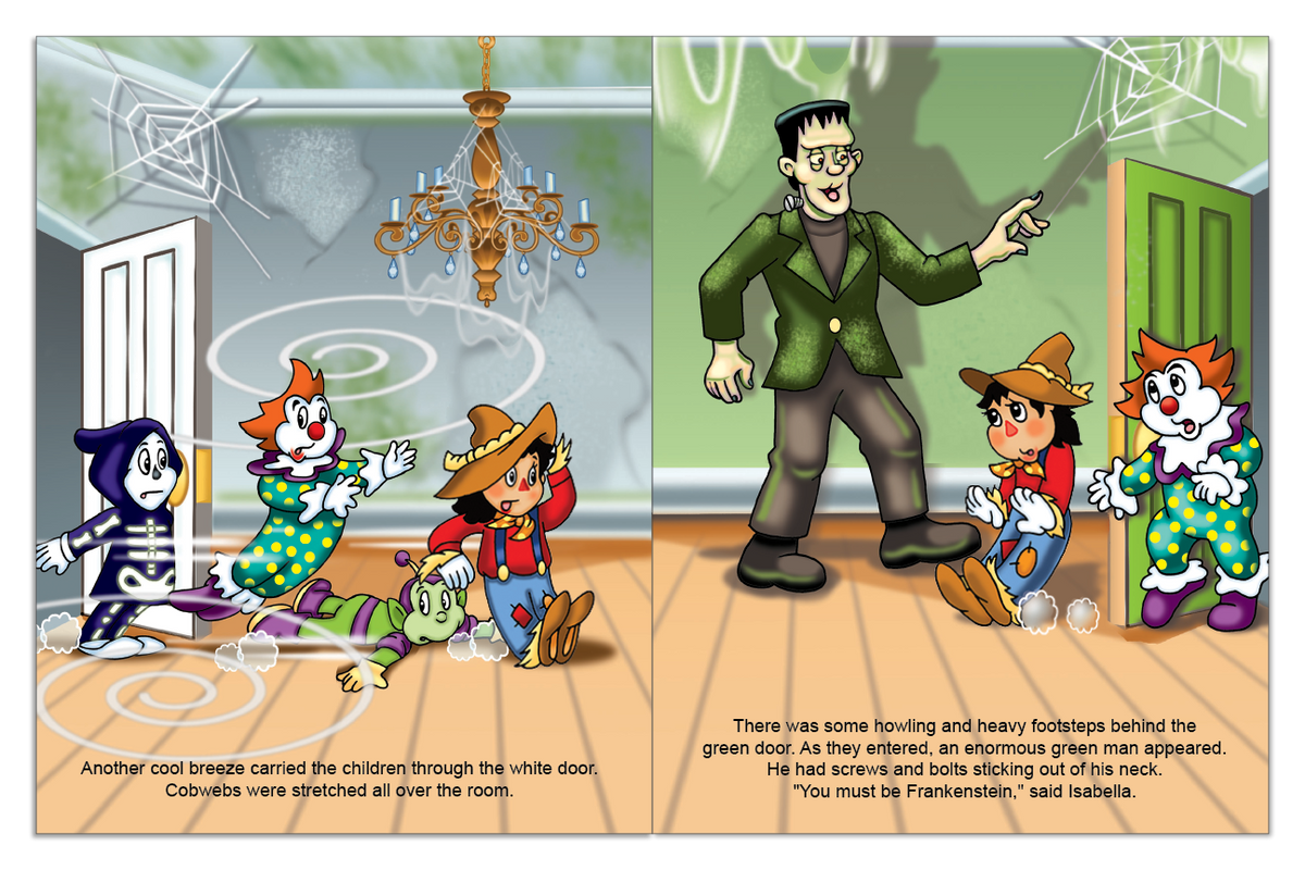 Personalized children exploring a cobwebbed room and meeting Frankenstein