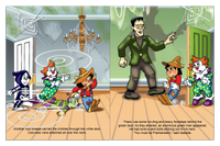 Costumed children explore a cobwebbed room and meet Frankenstein in a personalized Halloween book