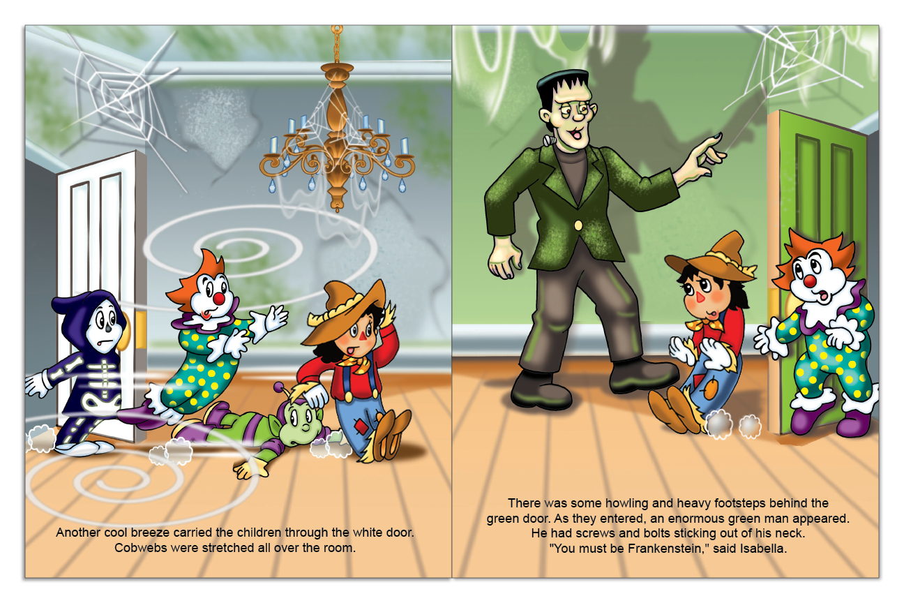 Costumed children explore a cobwebbed room and meet Frankenstein in a personalized Halloween book
