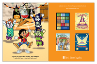 Personalized child and three costumed friends celebrate with friendly monsters at the end of their Halloween adventure