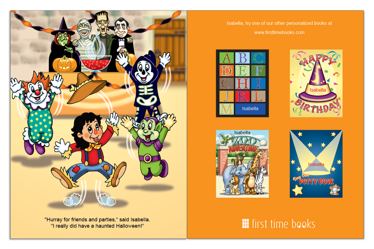 Personalized child and three costumed friends celebrate with friendly monsters at the end of their Halloween adventure