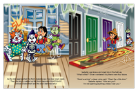 Four costumed friends enter a haunted mansion and explore a hallway of mysterious doors