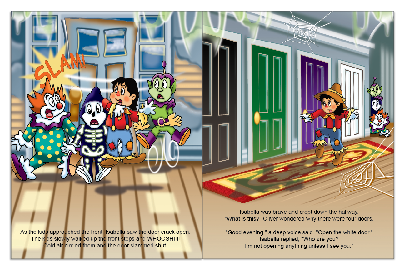 Four costumed friends enter a haunted mansion and explore a hallway of mysterious doors