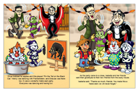 Costumed children play Halloween party games and celebrate with friendly monsters