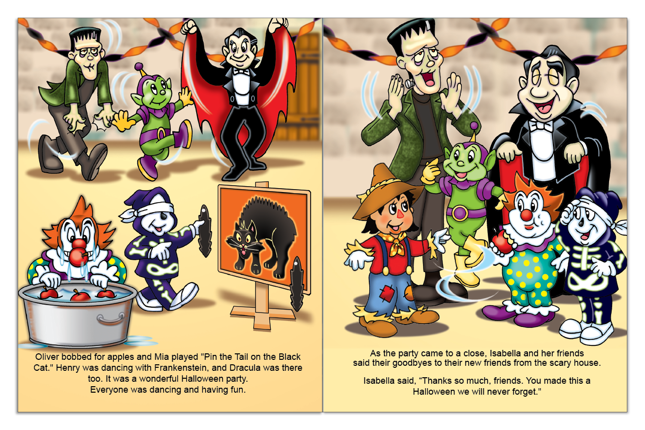 Costumed children play Halloween party games and celebrate with friendly monsters