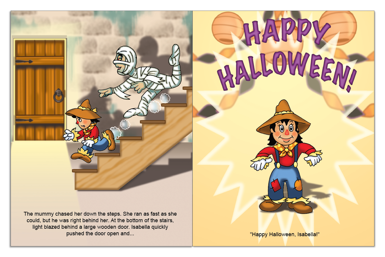 Personalized child escapes a mummy and discovers a bright Happy Halloween surprise