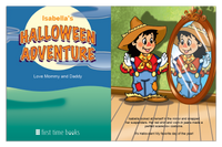 Personalized Halloween Adventure title page beside a child dressed as a scarecrow looking in a mirror