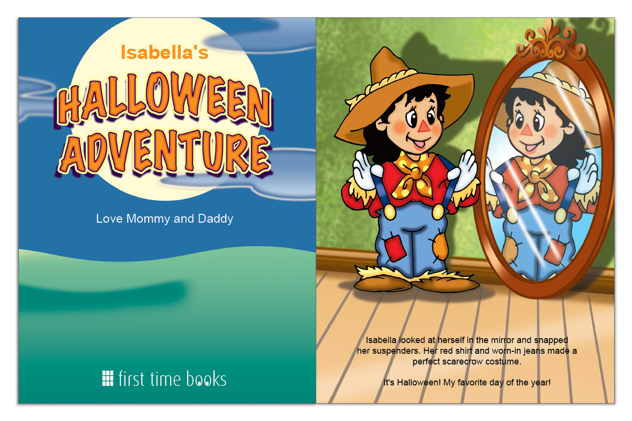 Personalized Halloween Adventure title page beside a child dressed as a scarecrow looking in a mirror
