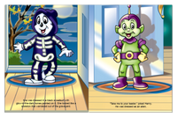Two children dressed as a skeleton and an alien in a personalized Halloween book