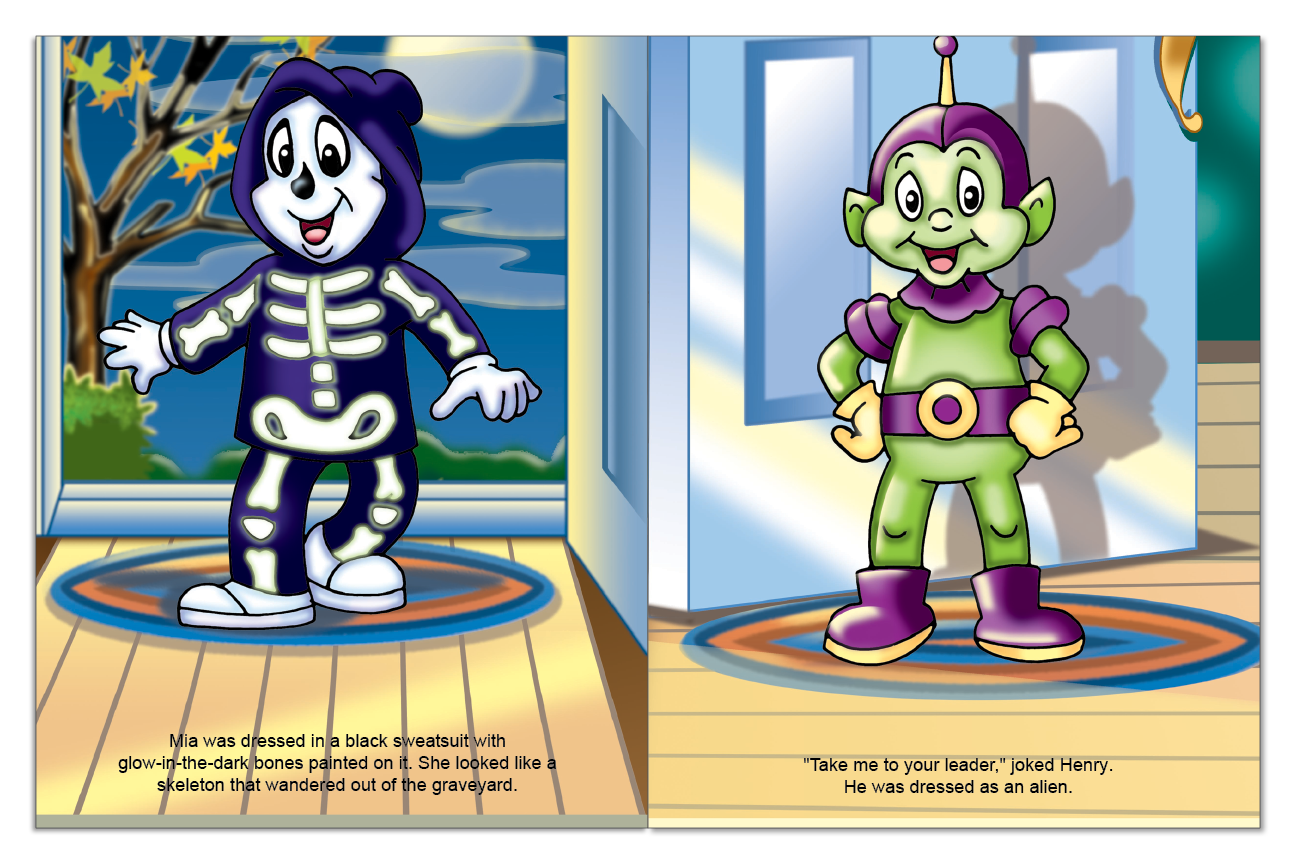 Two children dressed as a skeleton and an alien in a personalized Halloween book