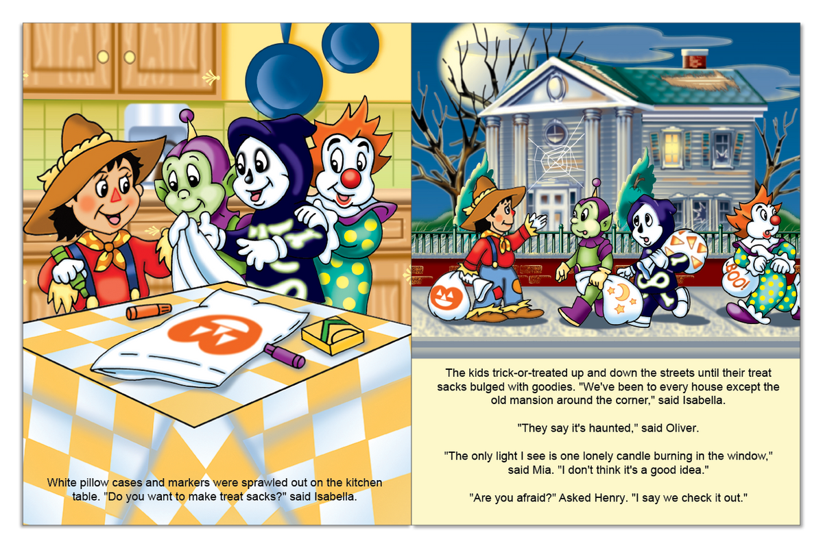 Four children trick-or-treating outside a mysterious mansion