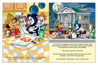 Four costumed friends make treat sacks and trick-or-treat outside a haunted mansion