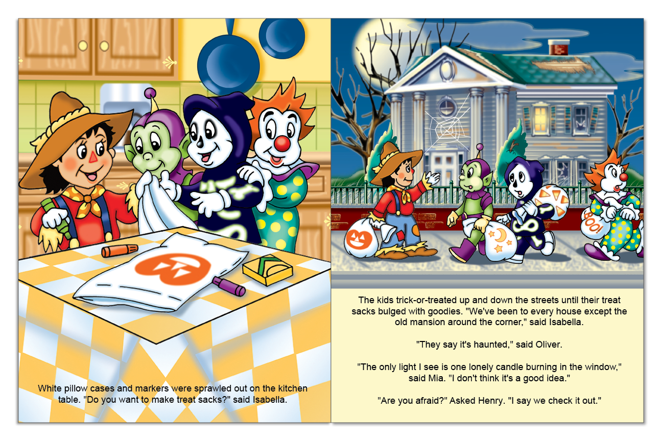 Four costumed friends make treat sacks and trick-or-treat outside a haunted mansion
