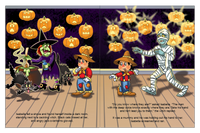 Child meets a cackling witch and a mummy beneath glowing jack-o’-lanterns