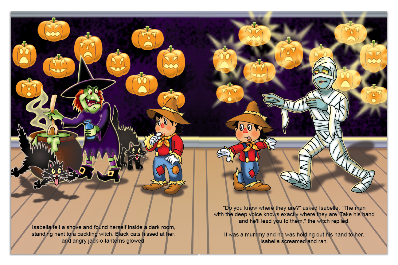 Child meets a cackling witch and a mummy beneath glowing jack-o’-lanterns