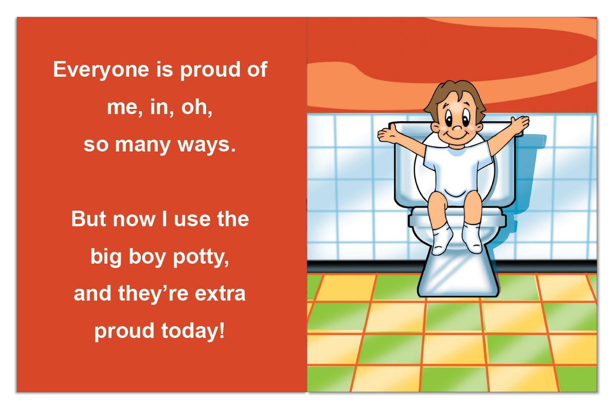 Personalized child proudly using the big-kid potty in the Potty Time Book