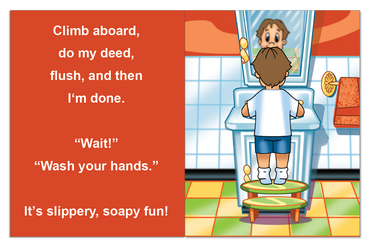Potty Time Book spread reminding the child to flush and wash their hands