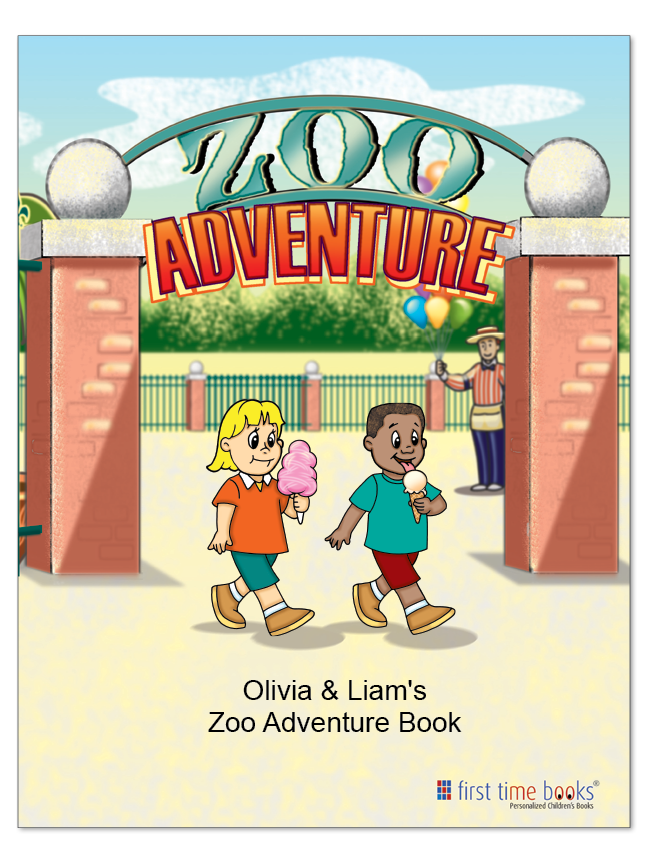Personalized Zoo Adventure book cover showing two children with ice cream walking through the zoo entrance.