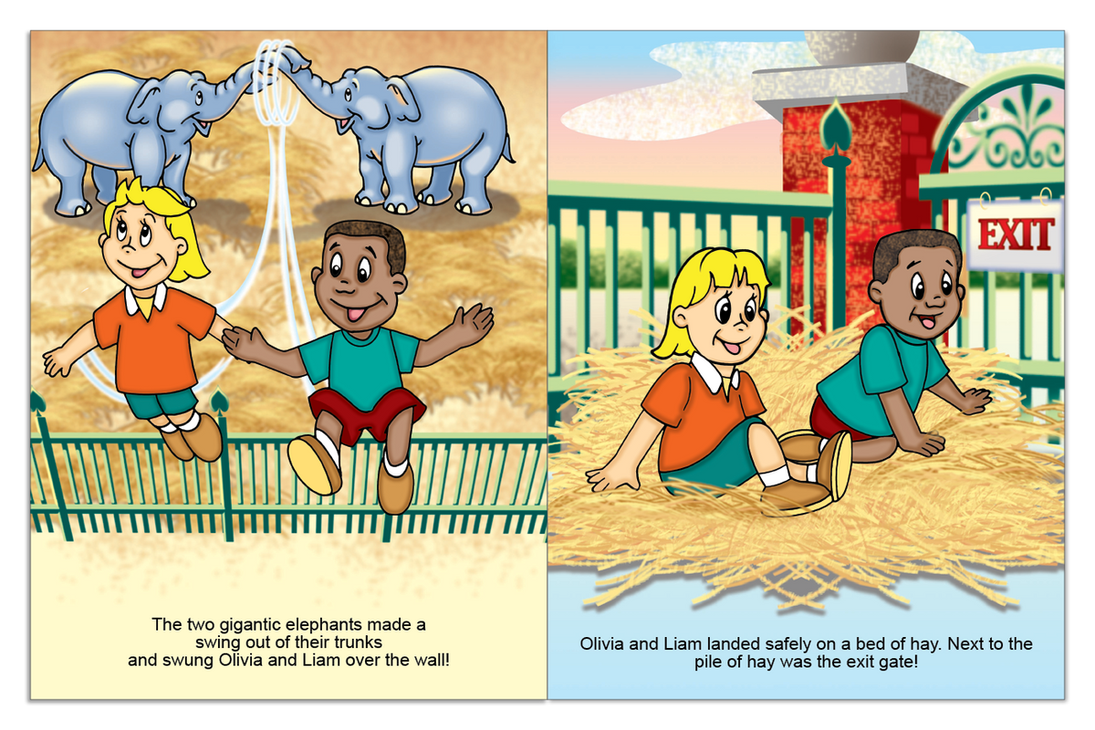 Elephants helping two personalized children reach the zoo exit