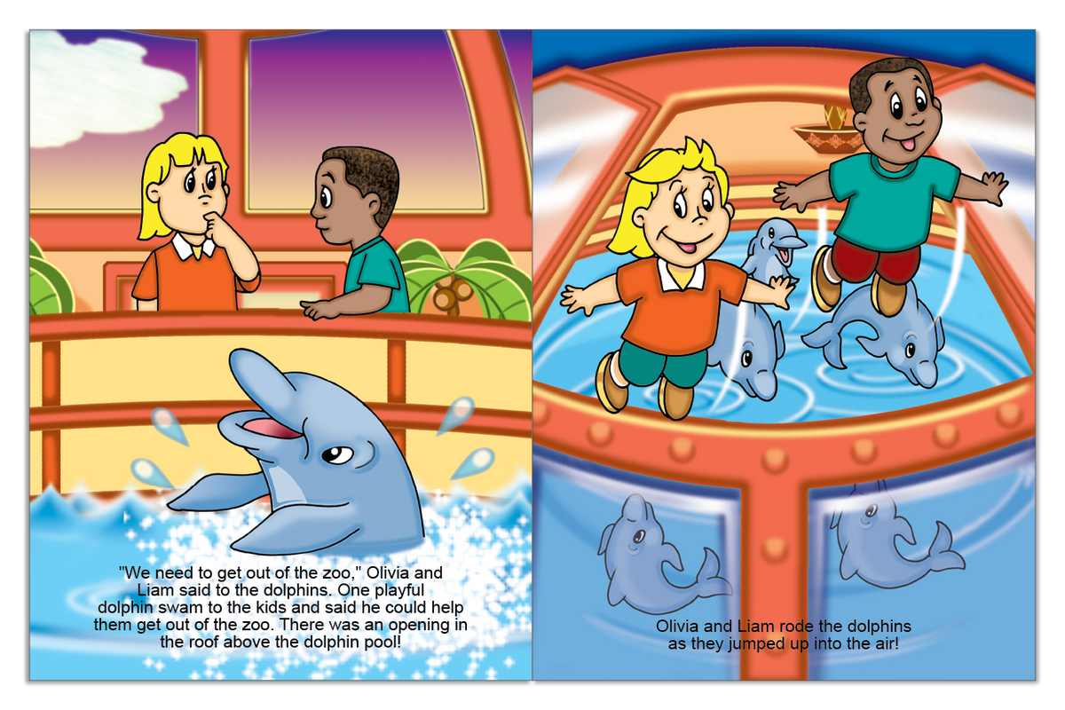 Two personalized children riding dolphins in the Zoo Adventure story