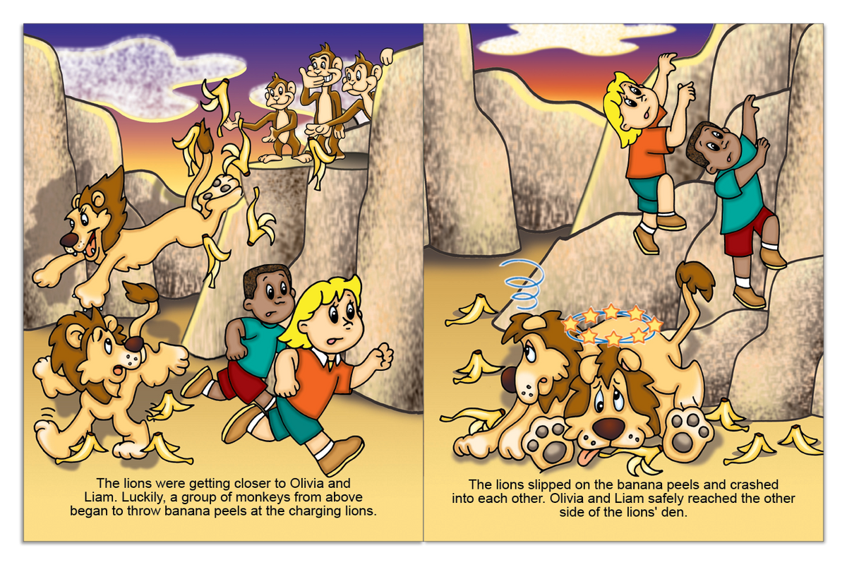 Two personalized children escaping the lions with help from monkeys